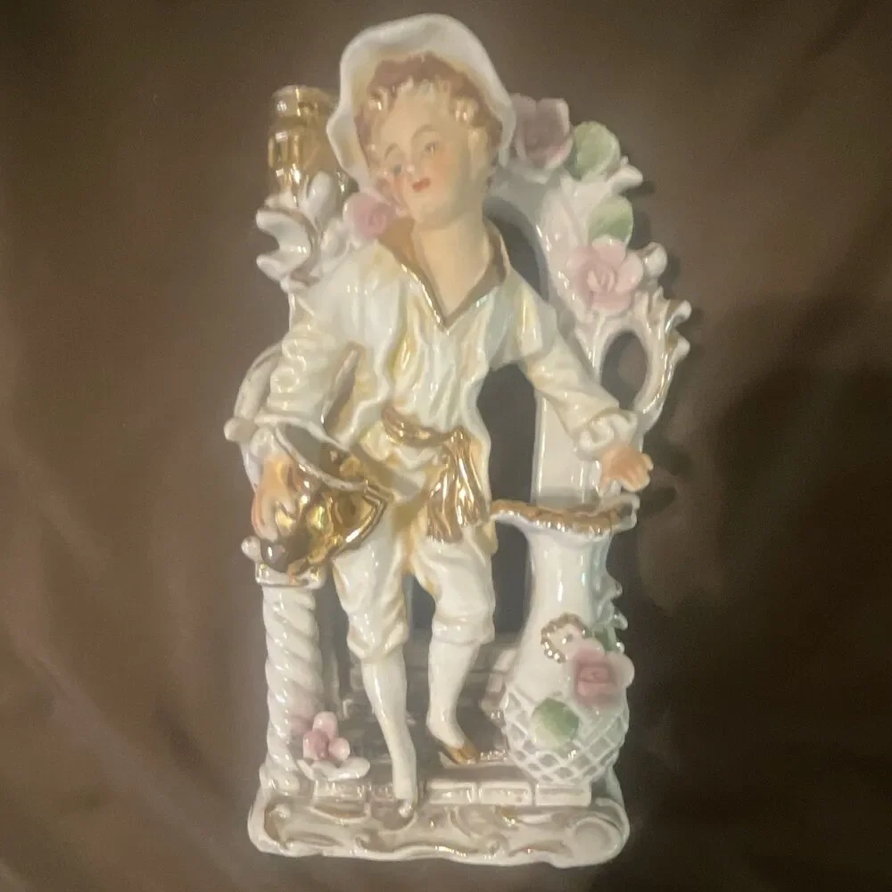 Vintage Porcelain Figurine Candle Holder Glossy White Gold Pink Floral